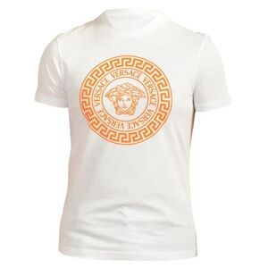 Versace White Tee with Orange Medusa Emblem